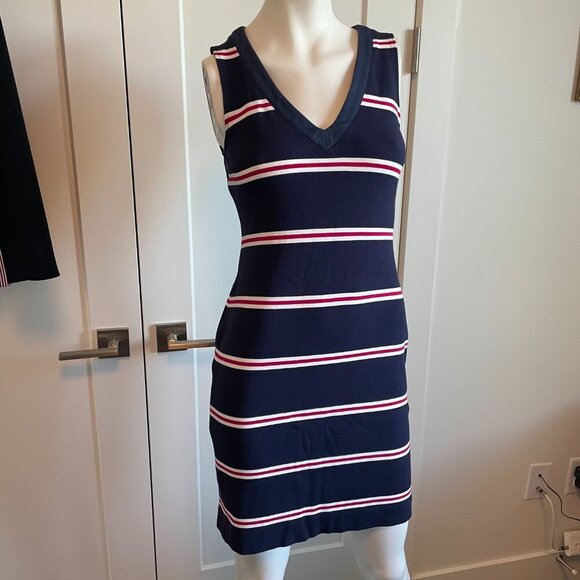 Banana Republic Slvless VNeck Fitted Stripe Mini Dress Navy Wht Red XS - no tags - Picture 2 of 8